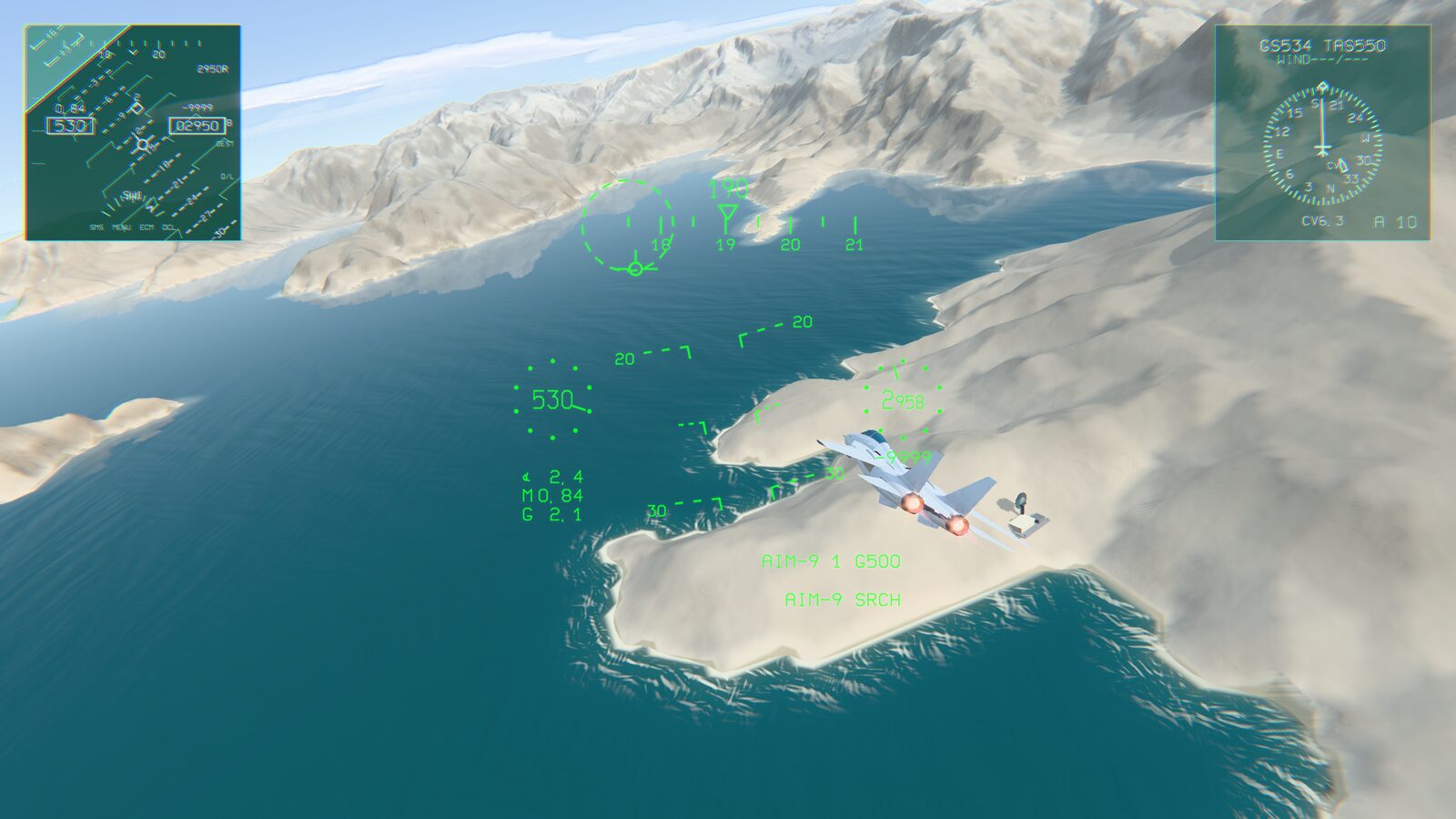 Chase view of the OVERSWEEP interceptor banking above a coastline, with HUD symbology overlaid